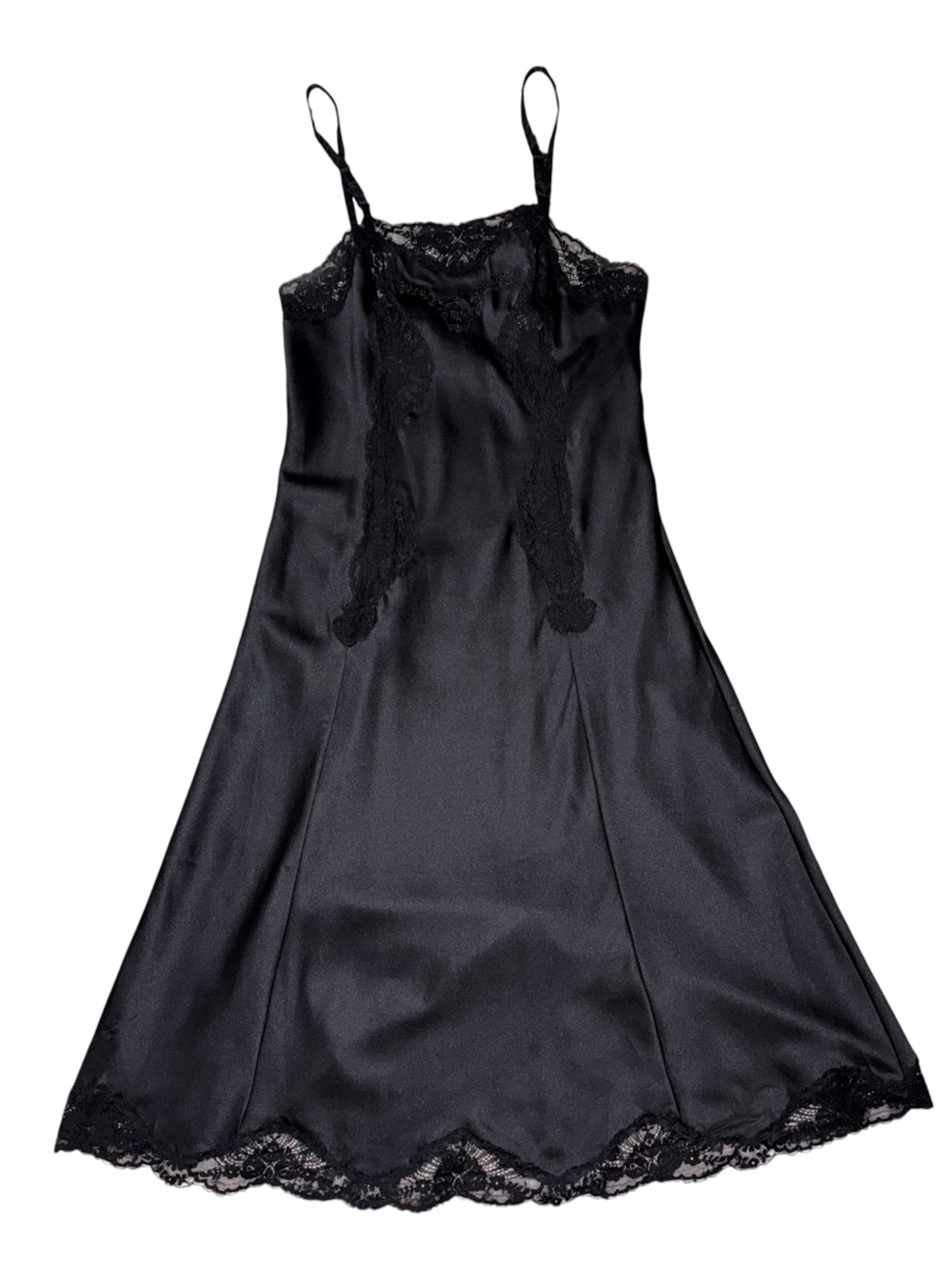 Vintage Dior Black Satin Midi Slip Lace Insets Embroidered Size 32 X-Small Small